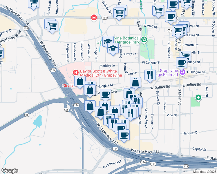 map of restaurants, bars, coffee shops, grocery stores, and more near 1235 West Hudgins Street in Grapevine