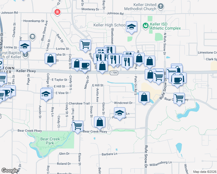 map of restaurants, bars, coffee shops, grocery stores, and more near 650 East Hill Street in Keller