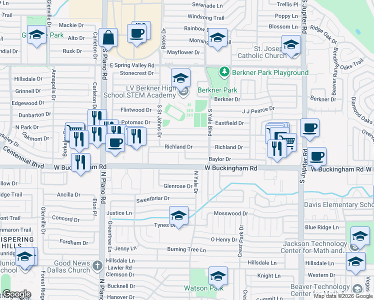 map of restaurants, bars, coffee shops, grocery stores, and more near 1700 Richland Drive in Richardson