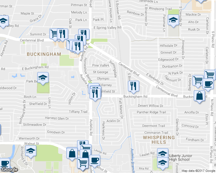 map of restaurants, bars, coffee shops, grocery stores, and more near 616 Killarney in Richardson