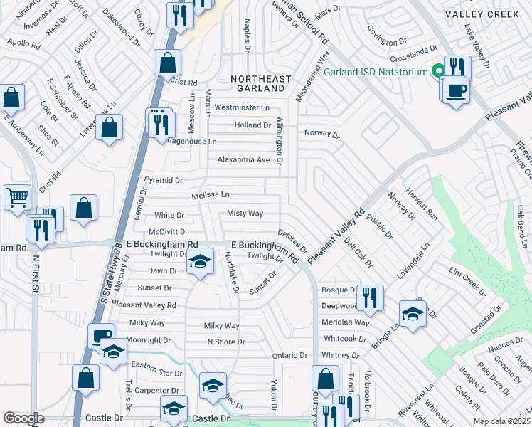 map of restaurants, bars, coffee shops, grocery stores, and more near 1116 Misty Way in Garland