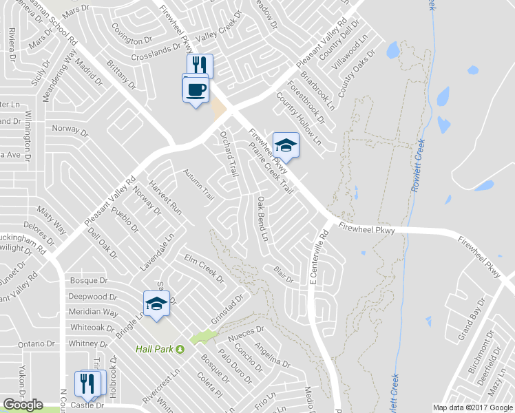 map of restaurants, bars, coffee shops, grocery stores, and more near 2025 Oak Bend Lane in Garland