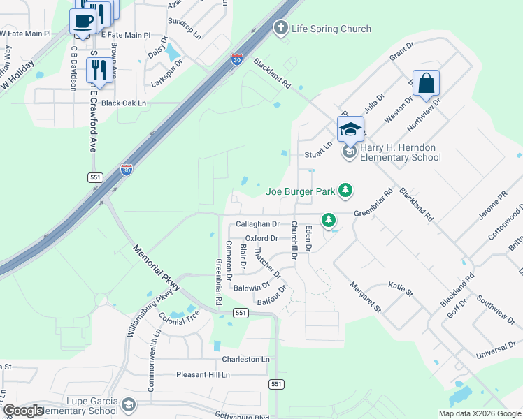map of restaurants, bars, coffee shops, grocery stores, and more near 1001 Greenbriar Road in Royse City