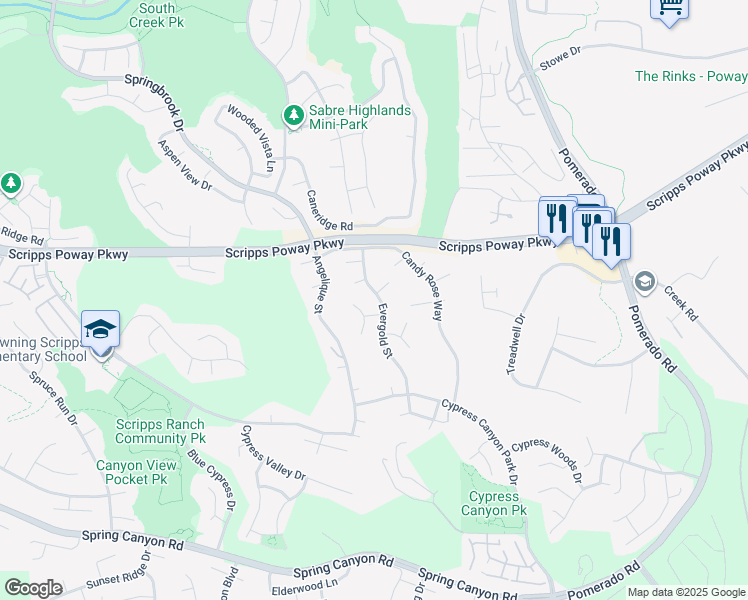 map of restaurants, bars, coffee shops, grocery stores, and more near 11782 Evergold Street in San Diego