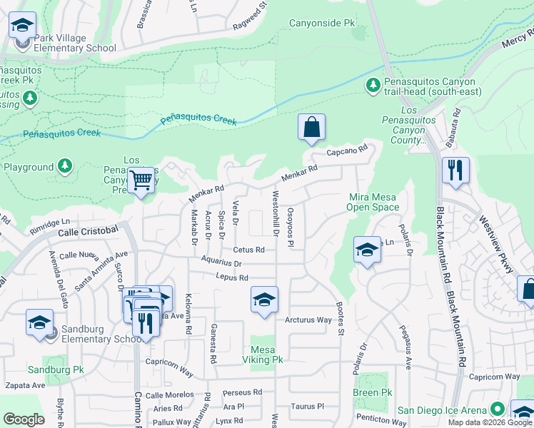 map of restaurants, bars, coffee shops, grocery stores, and more near 11377 Volans Street in San Diego