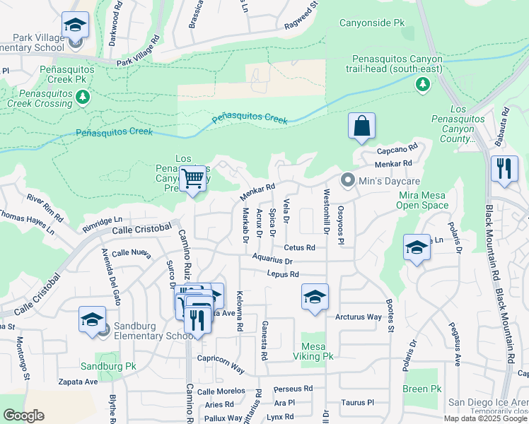 map of restaurants, bars, coffee shops, grocery stores, and more near 11407 Acrux Drive in San Diego