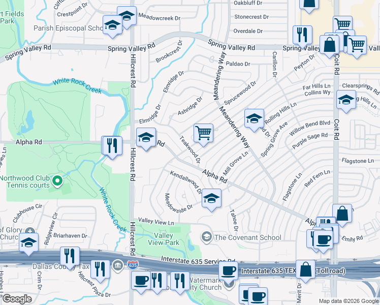 map of restaurants, bars, coffee shops, grocery stores, and more near 13518 Peyton Drive in Dallas