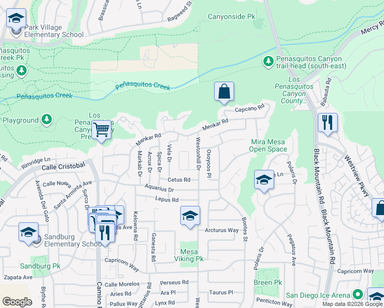 map of restaurants, bars, coffee shops, grocery stores, and more near 11377 Volans Street in San Diego