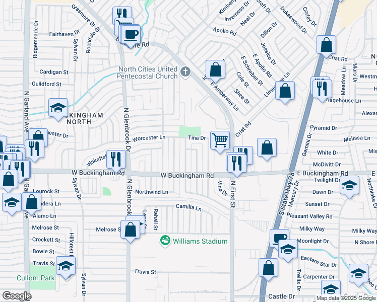 map of restaurants, bars, coffee shops, grocery stores, and more near 2034 Edna Smith Drive in Garland