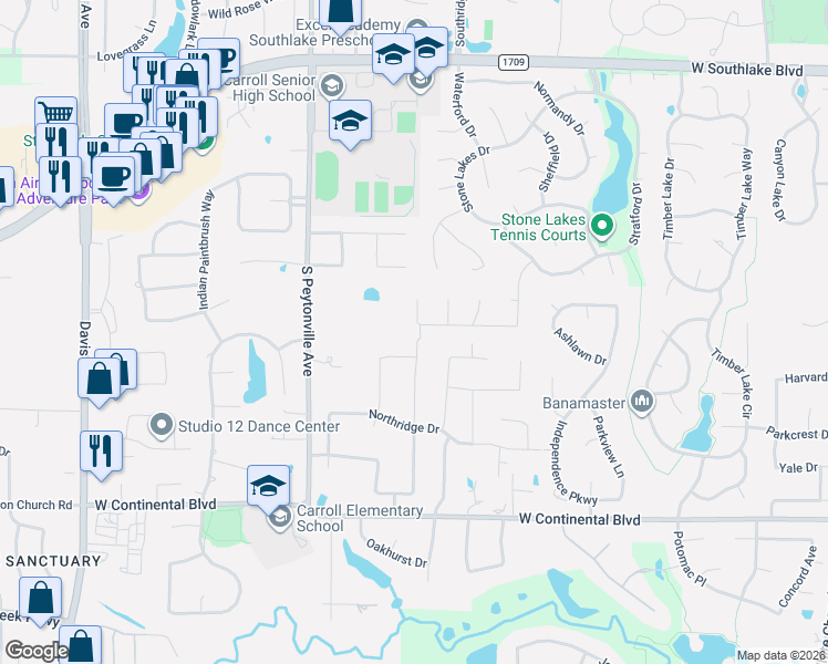 map of restaurants, bars, coffee shops, grocery stores, and more near 1433 Dartmouth Drive in Southlake