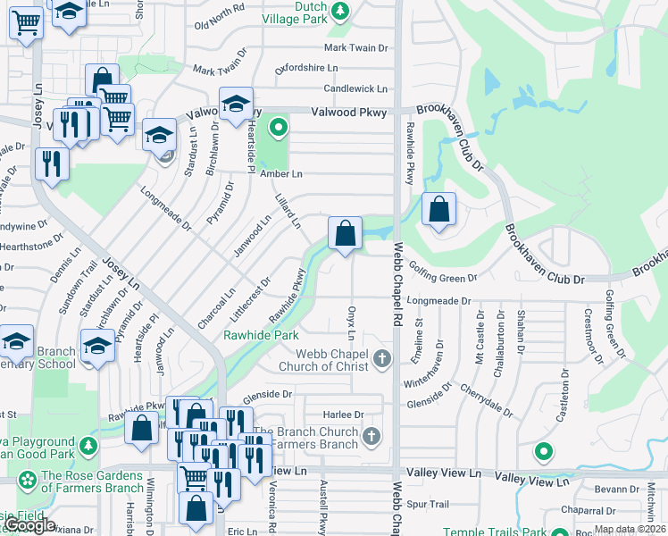 map of restaurants, bars, coffee shops, grocery stores, and more near 3028 Golfing Green Circle in Farmers Branch