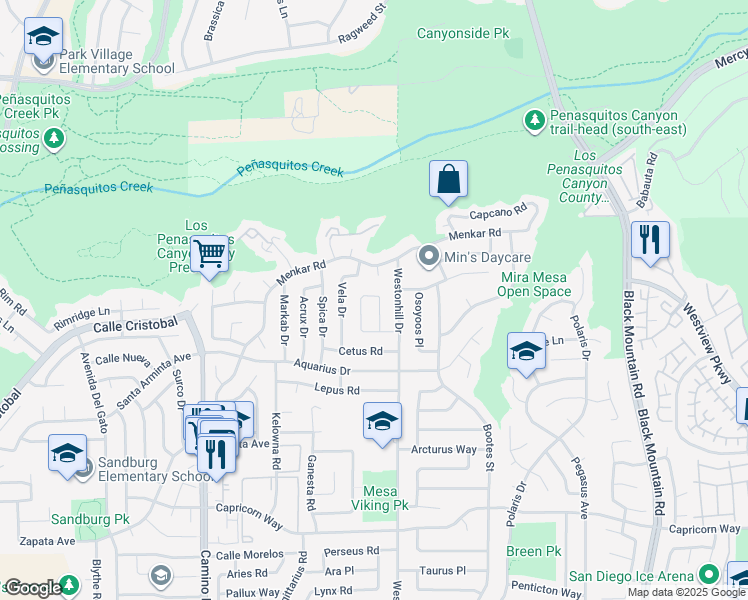 map of restaurants, bars, coffee shops, grocery stores, and more near 11392 Volans St in San Diego