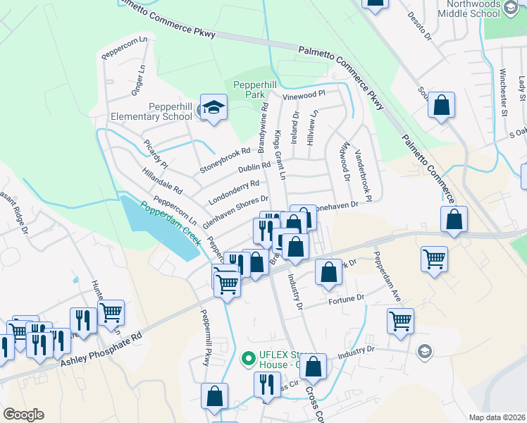 map of restaurants, bars, coffee shops, grocery stores, and more near 3310 Stonehaven Drive in North Charleston