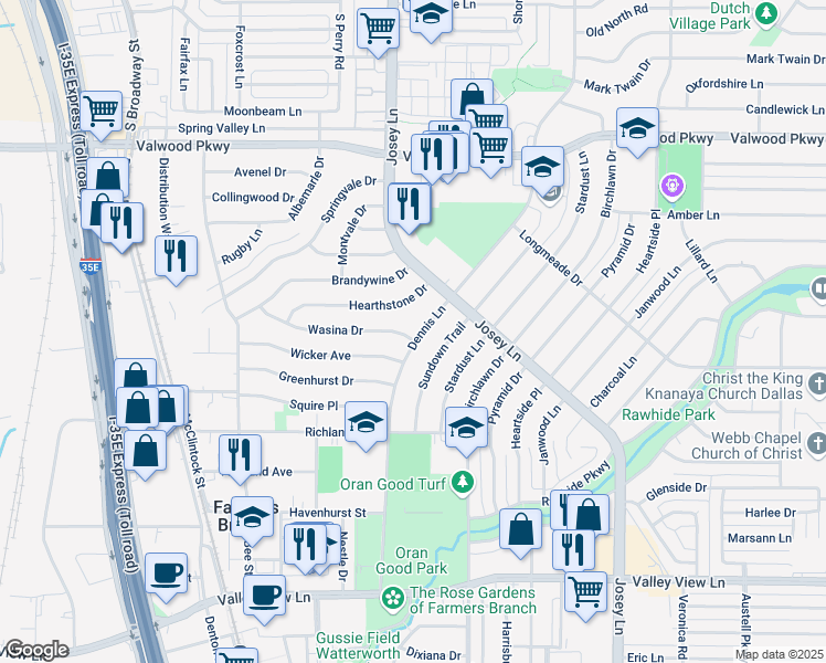 map of restaurants, bars, coffee shops, grocery stores, and more near 2683 Wasina Drive in Farmers Branch
