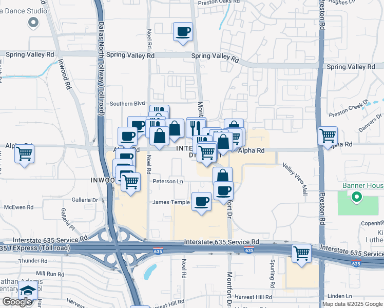 map of restaurants, bars, coffee shops, grocery stores, and more near 5422 Alpha Road in Dallas
