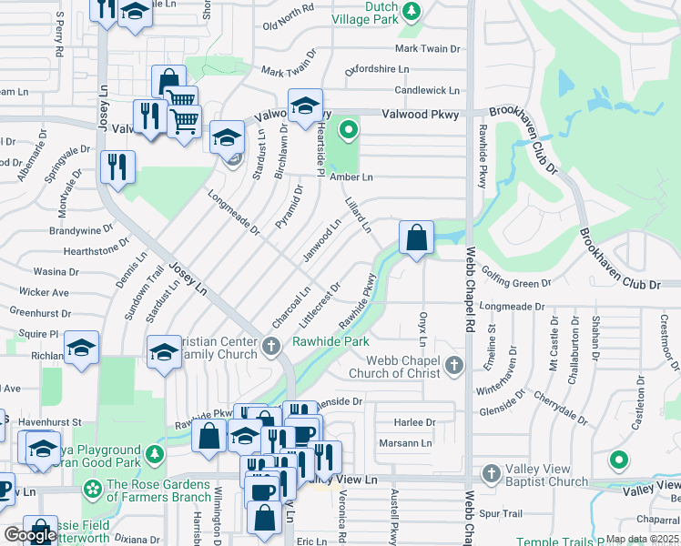 map of restaurants, bars, coffee shops, grocery stores, and more near 13729 Littlecrest Drive in Dallas