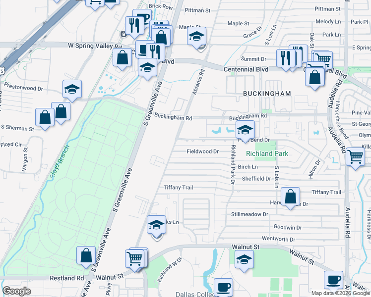 map of restaurants, bars, coffee shops, grocery stores, and more near 407 Fieldwood Drive in Richardson
