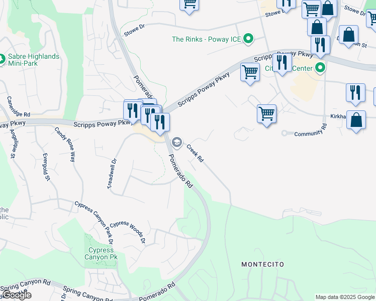 map of restaurants, bars, coffee shops, grocery stores, and more near 11674 Creek Road in Poway