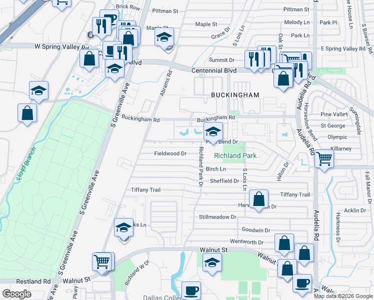 map of restaurants, bars, coffee shops, grocery stores, and more near 431 Fieldwood Drive in Richardson