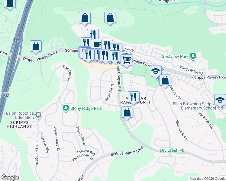 map of restaurants, bars, coffee shops, grocery stores, and more near 11775 Ramsdell Court in San Diego