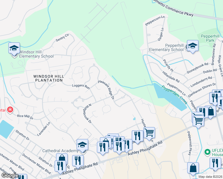 map of restaurants, bars, coffee shops, grocery stores, and more near 8206 Pleasant Ridge Drive in Charleston