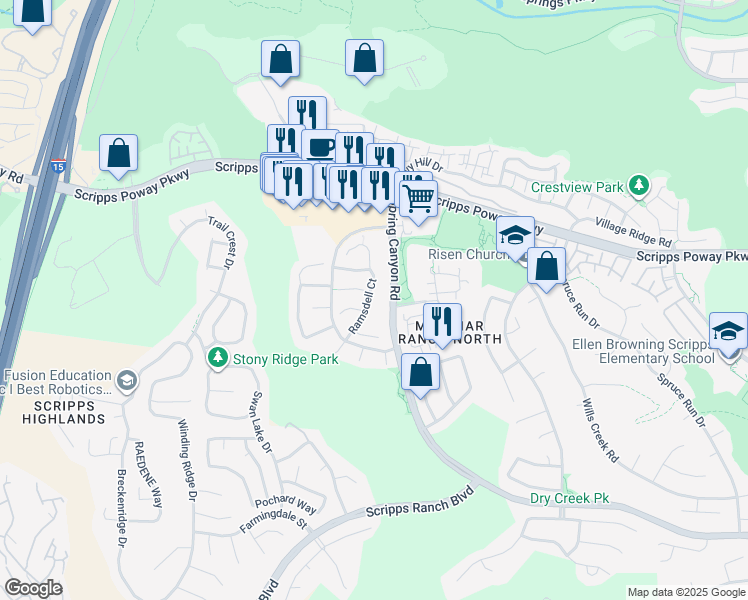 map of restaurants, bars, coffee shops, grocery stores, and more near 11771 Ramsdell Court in San Diego