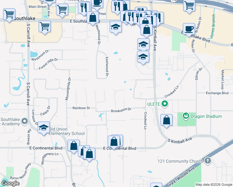 map of restaurants, bars, coffee shops, grocery stores, and more near 2704 Montfort Court in Southlake