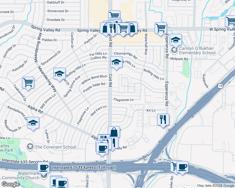 map of restaurants, bars, coffee shops, grocery stores, and more near 13618 Brookgreen Drive in Dallas