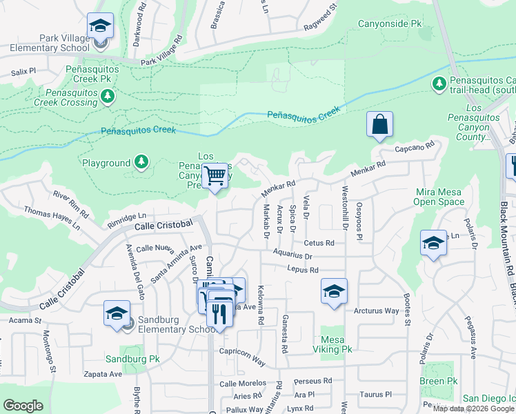 map of restaurants, bars, coffee shops, grocery stores, and more near 8497 Menkar Road in San Diego