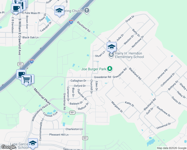 map of restaurants, bars, coffee shops, grocery stores, and more near 205 Pitt Circle in Royse City