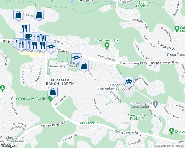 map of restaurants, bars, coffee shops, grocery stores, and more near 11749 Spruce Run Drive in San Diego