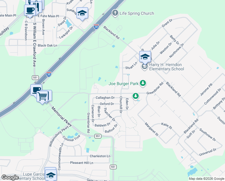 map of restaurants, bars, coffee shops, grocery stores, and more near 1001 Greenbriar Road in Royse City