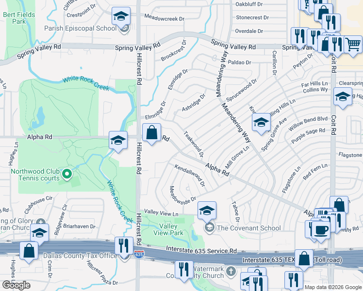 map of restaurants, bars, coffee shops, grocery stores, and more near 7027 Alpha Road in Dallas