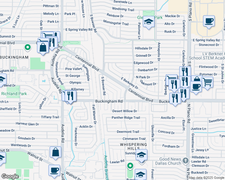 map of restaurants, bars, coffee shops, grocery stores, and more near 811 Napier Drive in Richardson