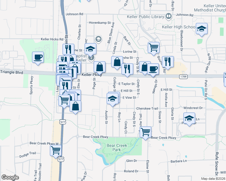 map of restaurants, bars, coffee shops, grocery stores, and more near 138 College Street South in Keller