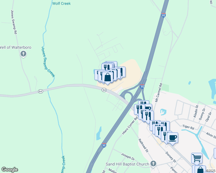 map of restaurants, bars, coffee shops, grocery stores, and more near 2034 Bells Highway in Walterboro