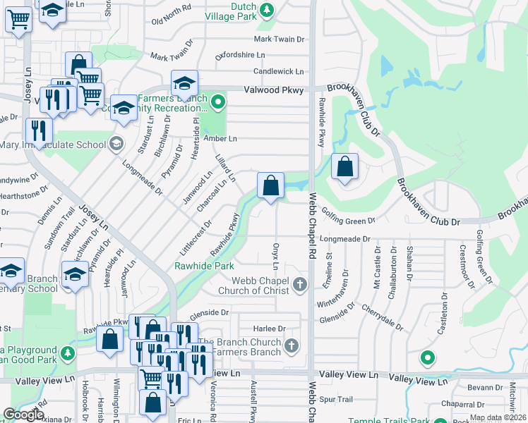 map of restaurants, bars, coffee shops, grocery stores, and more near 3028 Golfing Green Circle in Farmers Branch