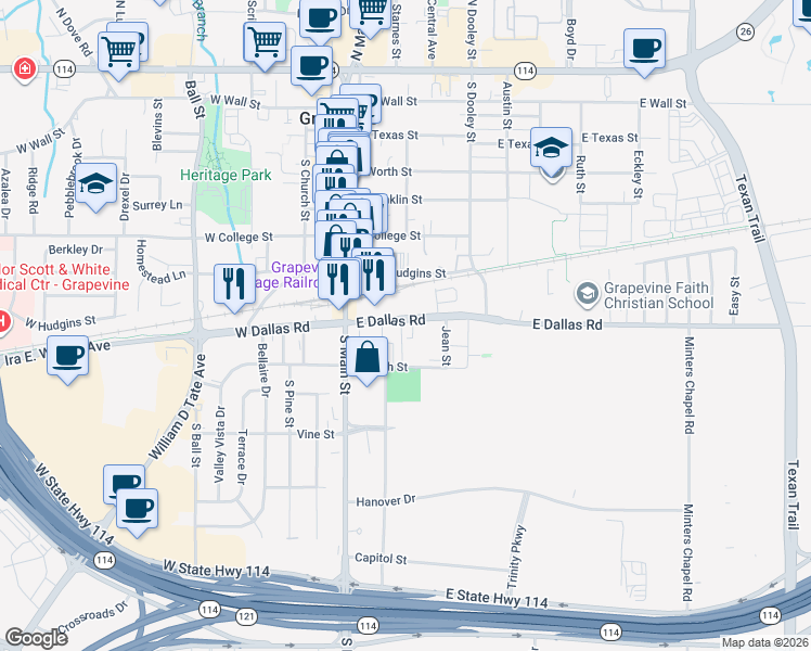 map of restaurants, bars, coffee shops, grocery stores, and more near 308 East Dallas Road in Grapevine