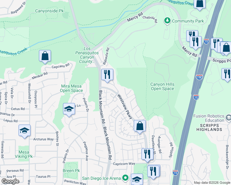 map of restaurants, bars, coffee shops, grocery stores, and more near 9420 Questa Pointe in San Diego