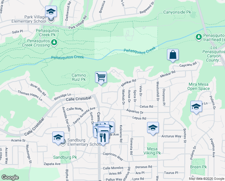 map of restaurants, bars, coffee shops, grocery stores, and more near 11805 Innis Point in San Diego