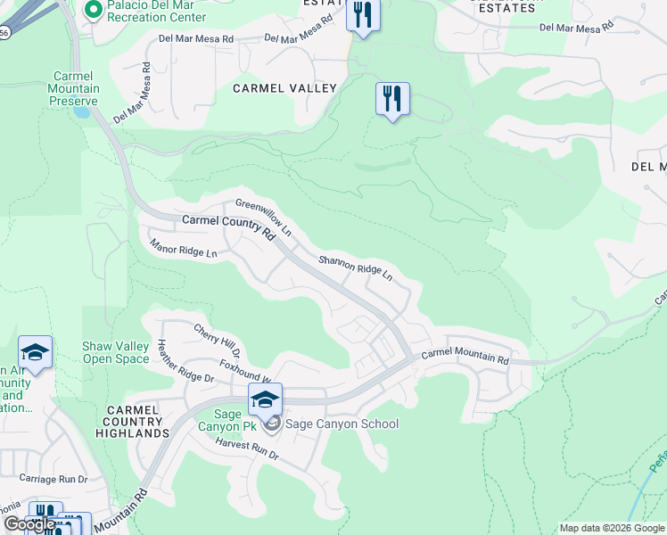 map of restaurants, bars, coffee shops, grocery stores, and more near 5453 Shannon Ridge Lane in San Diego