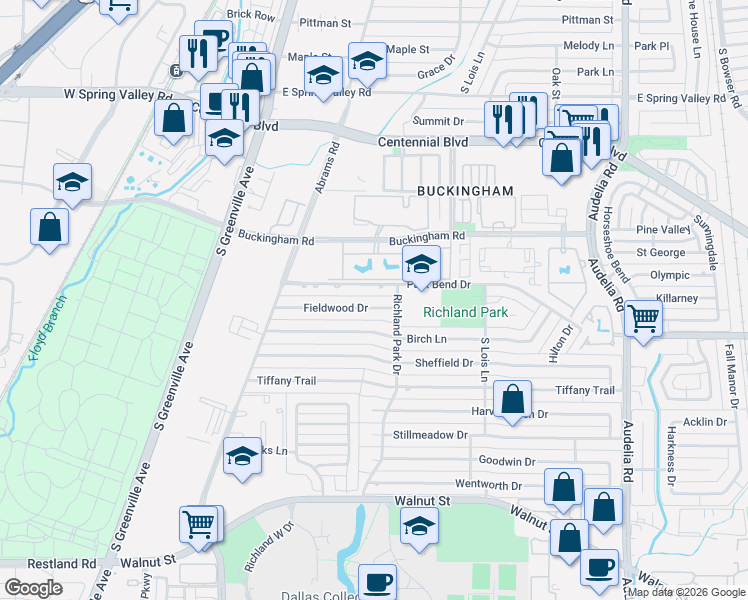 map of restaurants, bars, coffee shops, grocery stores, and more near 431 Fieldwood Drive in Richardson