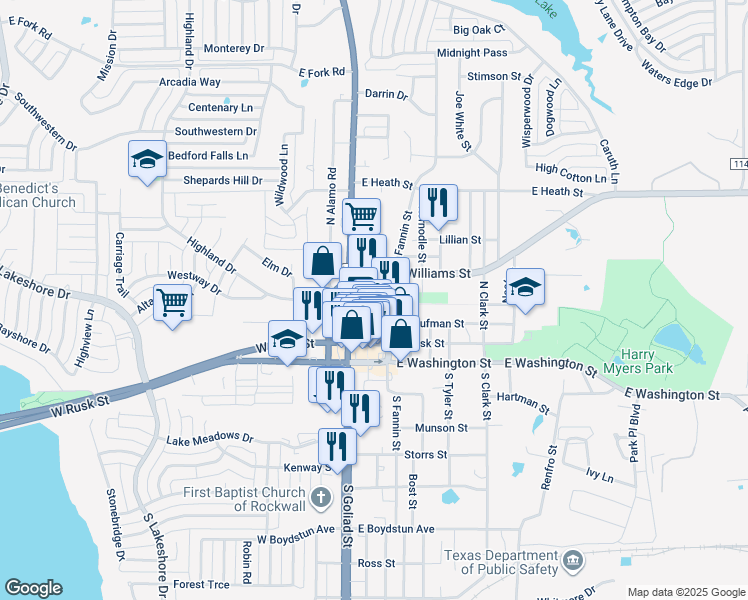 map of restaurants, bars, coffee shops, grocery stores, and more near 301 North Fannin Street in Rockwall