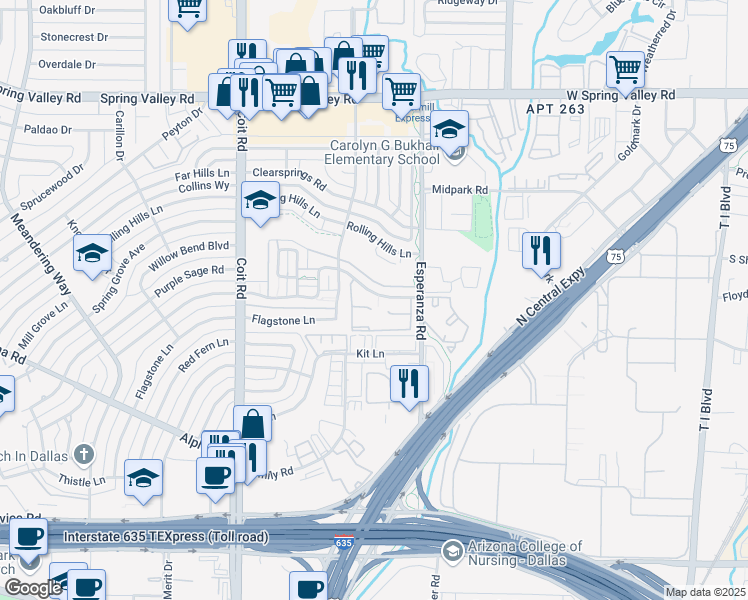 map of restaurants, bars, coffee shops, grocery stores, and more near 14018 Brookgreen Drive in Dallas