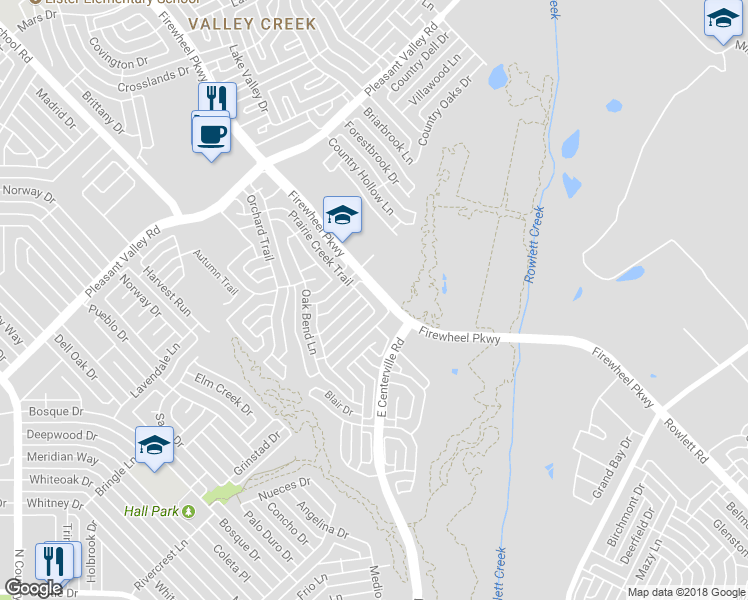 map of restaurants, bars, coffee shops, grocery stores, and more near 1910 Prairie Creek Trail in Garland