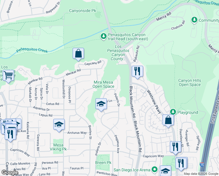 map of restaurants, bars, coffee shops, grocery stores, and more near 11504 Elbert Court in San Diego