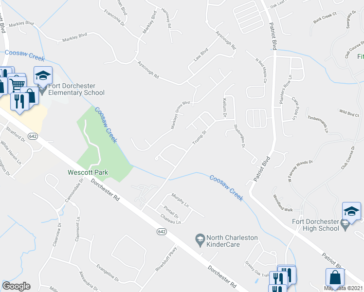 map of restaurants, bars, coffee shops, grocery stores, and more near 402 Trump Street in North Charleston