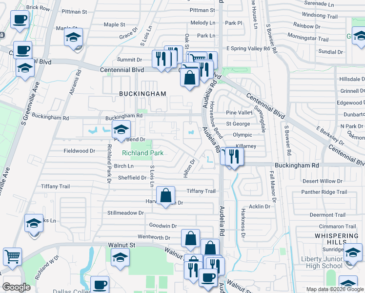 map of restaurants, bars, coffee shops, grocery stores, and more near 619 Park Bend Drive in Richardson