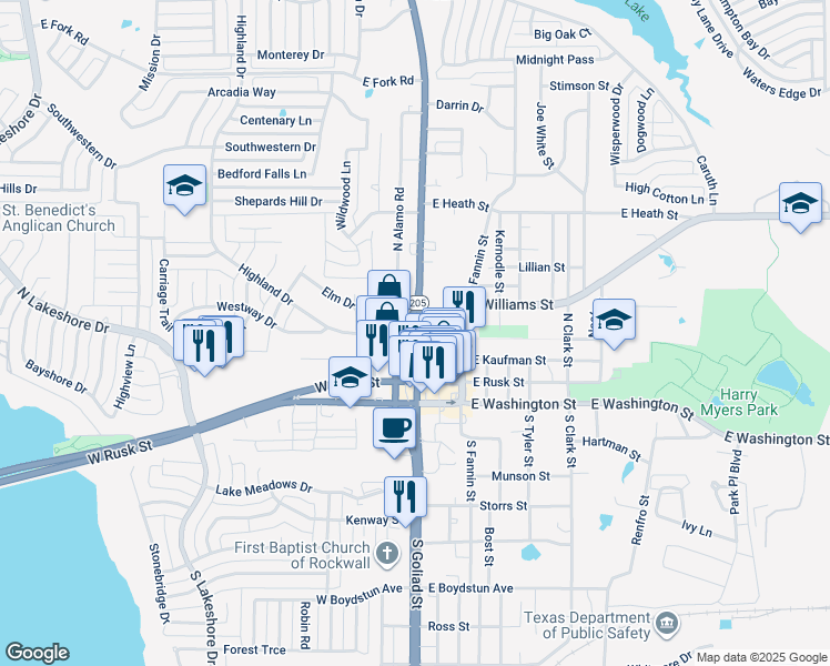 map of restaurants, bars, coffee shops, grocery stores, and more near 301 N Goliad St in Rockwall