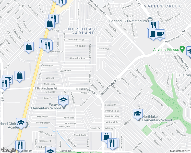 map of restaurants, bars, coffee shops, grocery stores, and more near 1209 Misty Way in Garland